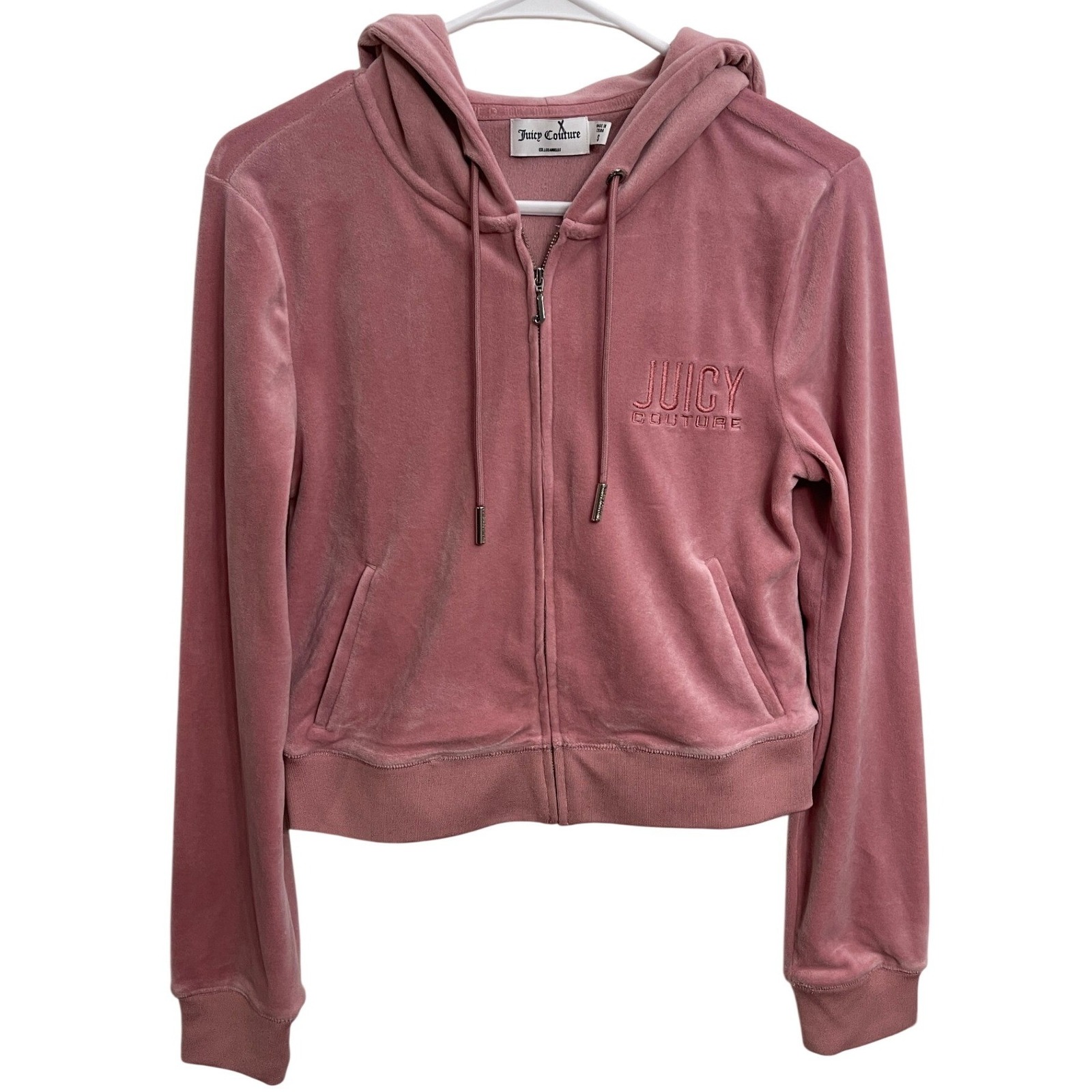 Juicy Couture Pink Velour Zip Hoodie Y2k Cropped Zip Up Jacket Small Mallcore